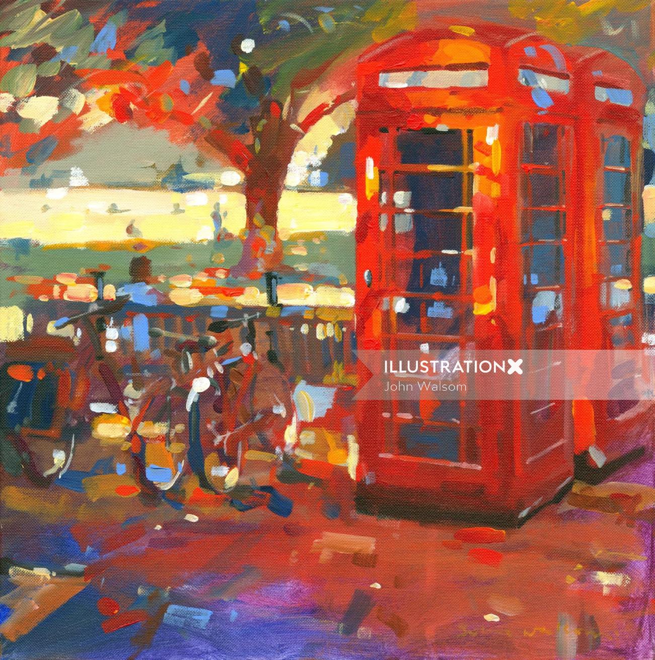 Oil painting of Phone Boxes at Richmond Green