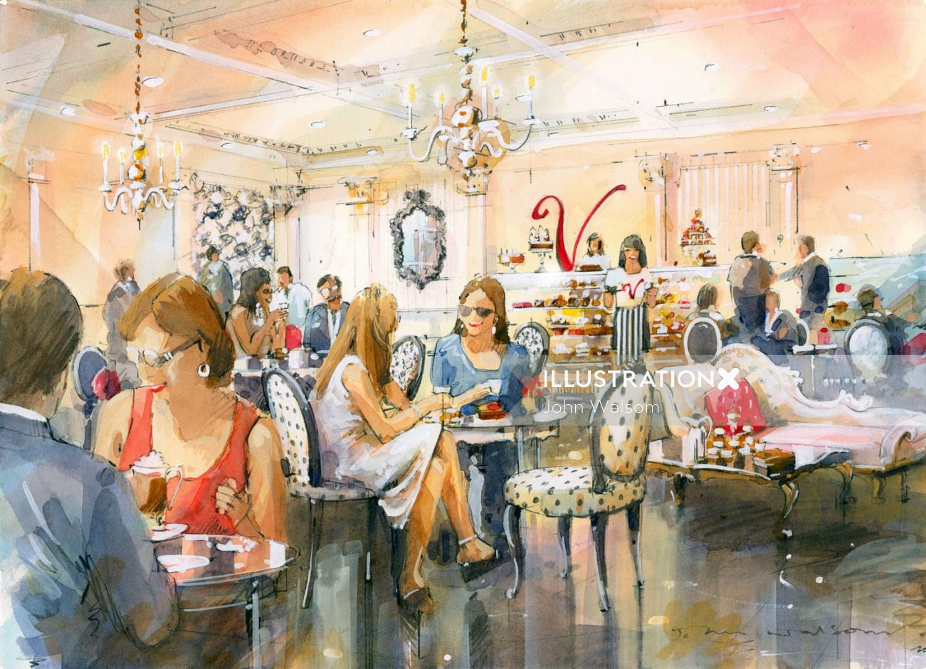 Realistic art of Patisserie Valerie Cafe Interior