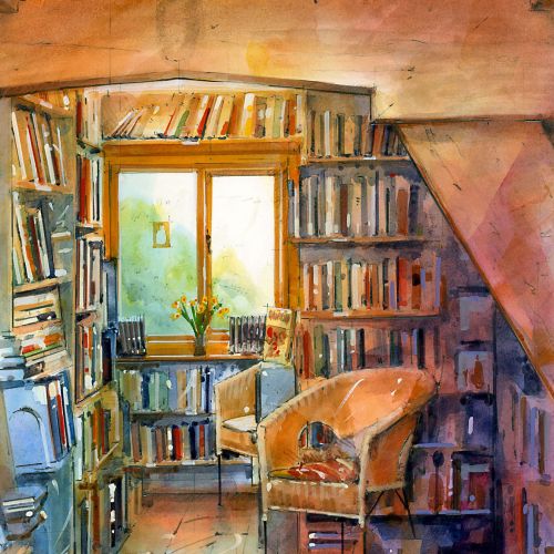 Illustration of bookshop interior