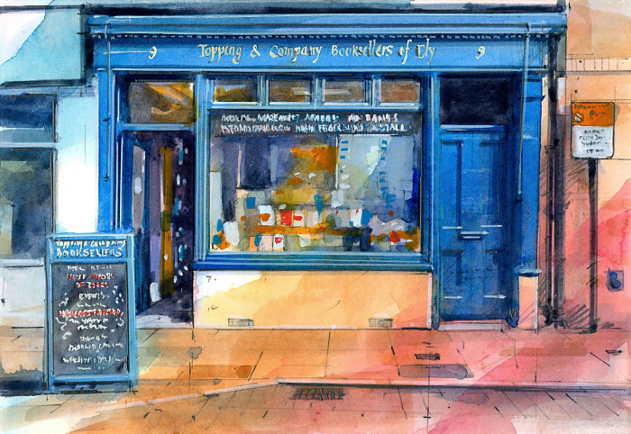 Watercolor of the outside of the Topping & Company Bookshop