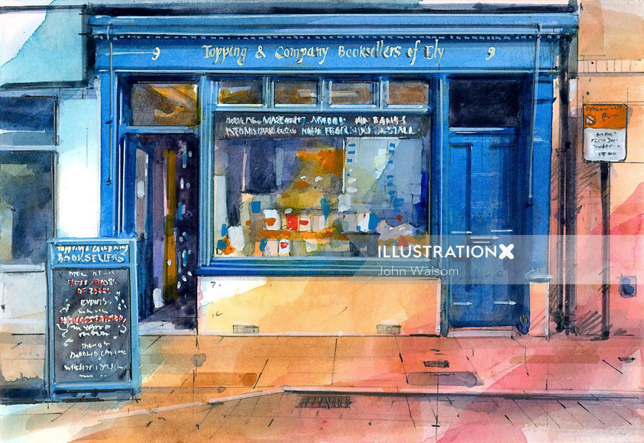 Topping & Company Bookshop exterior watercolor illustration