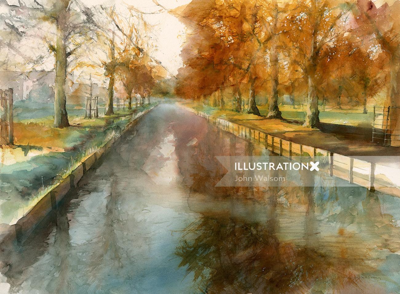 ブッシー パークのポーターズ ストリームを描いた秋のシーン