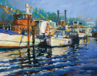 Pintura al óleo de barcas fluviales en el Támesis en Kingston