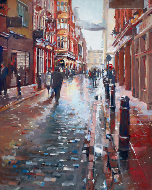 Oil painting of Floral street after the rain