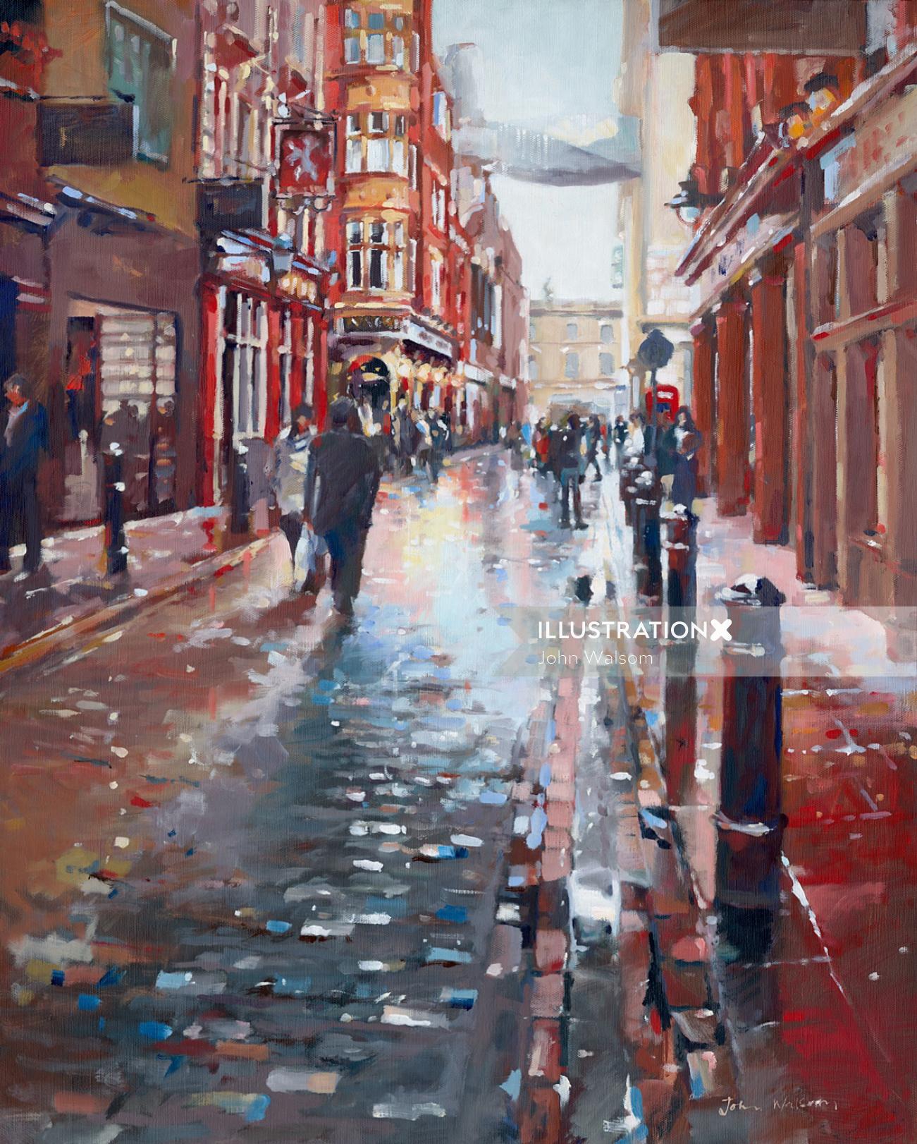 Oil painting of Floral street after the rain