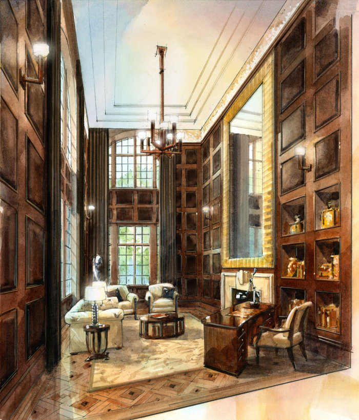 Library interior line and wash illustration