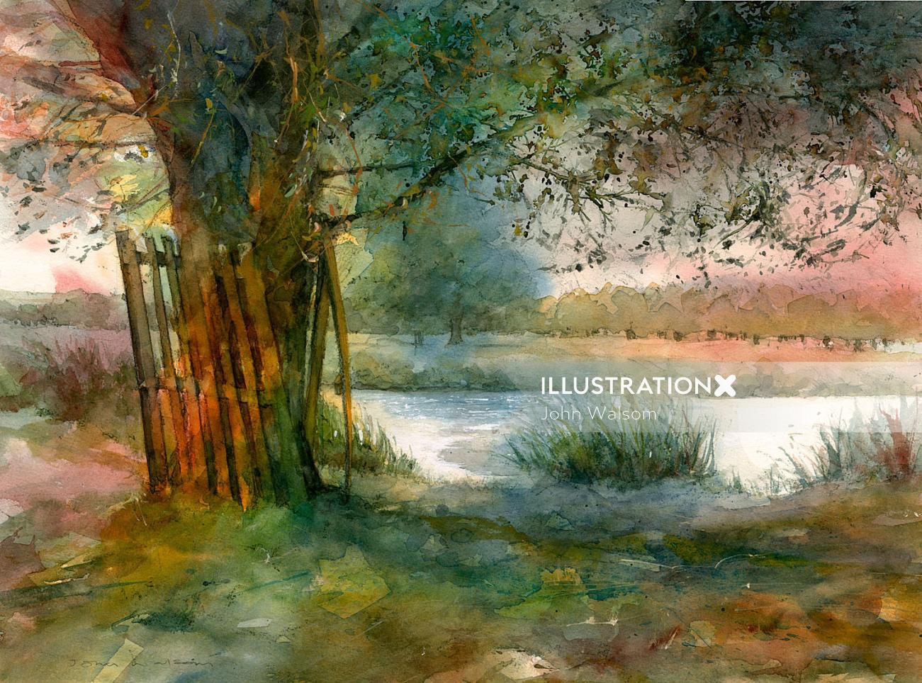 Realistic painting of Overflow Pond in Home Park, Hampton