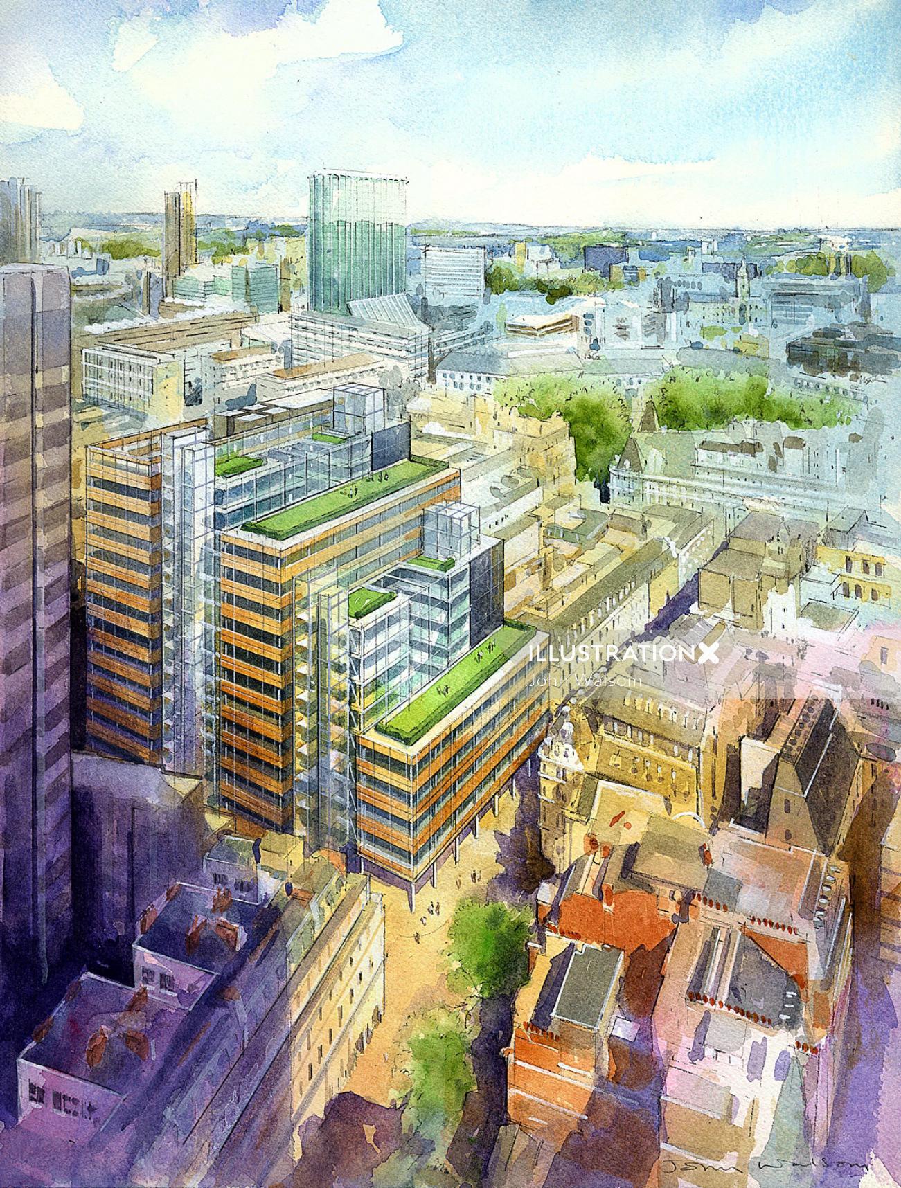 Aerial view of London cityscape illustration