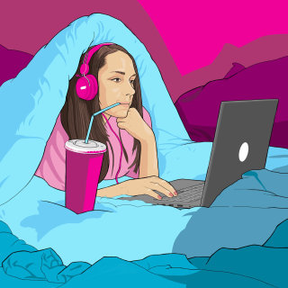 Ilustración gráfica de una niña viendo medios en una computadora portátil