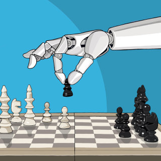 Ilustração de linha de um robô jogador de xadrez 