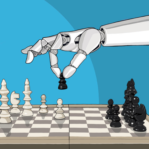 Ilustração de linha do robô jogando xadrez