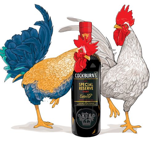 Animals Cocks with wine bottle
