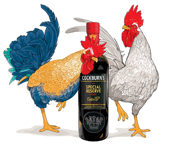 Animals Cocks com garrafa de vinho