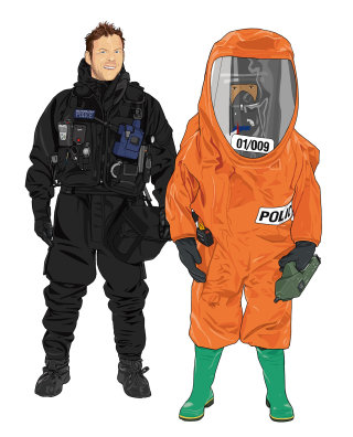 Costume représentant un officier de plongée et un officier CBRN
