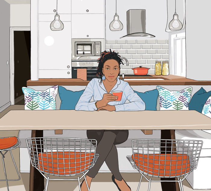Computer Generated Animation of Girl sitting in kitchen