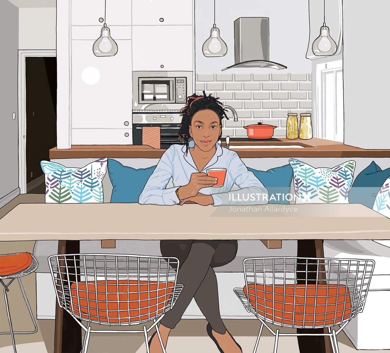 Computer Generated Animation of Girl sitting in kitchen