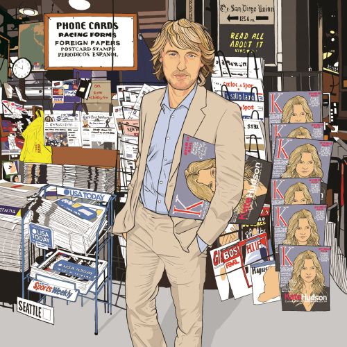 A fine line and colour drawing of Owen Wilson