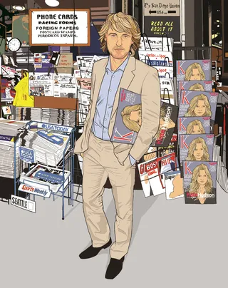 A fine line and colour drawing of Owen Wilson