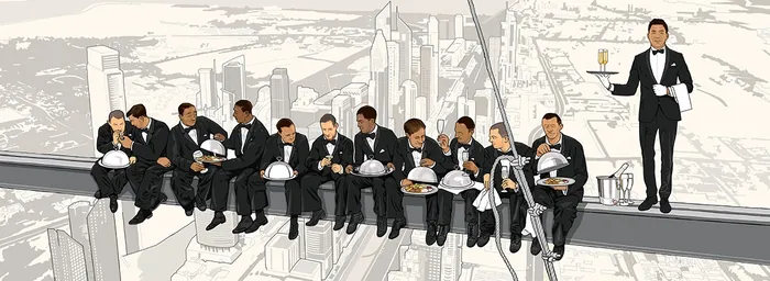 Waiters in black suits sitting on beam above city skyline