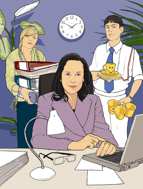 Mujer que trabaja en una oficina, Ilustración de Jonathan Allardyce