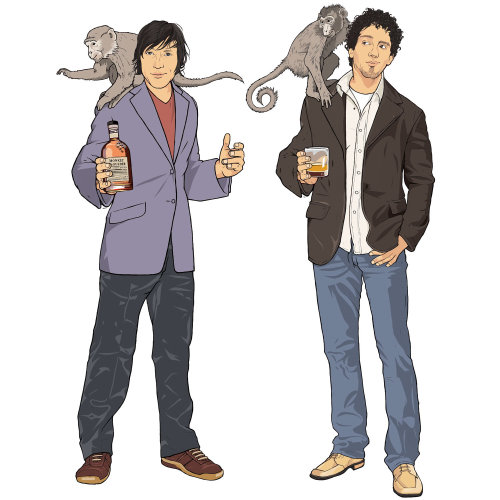 Monkey Shoulder, Boys standing with Wine glass and bottle, Animals on people shoulder