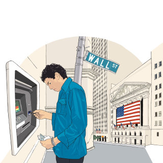 路上の ATM を利用する男性のイラスト (Jonathan Allardyce 作) 