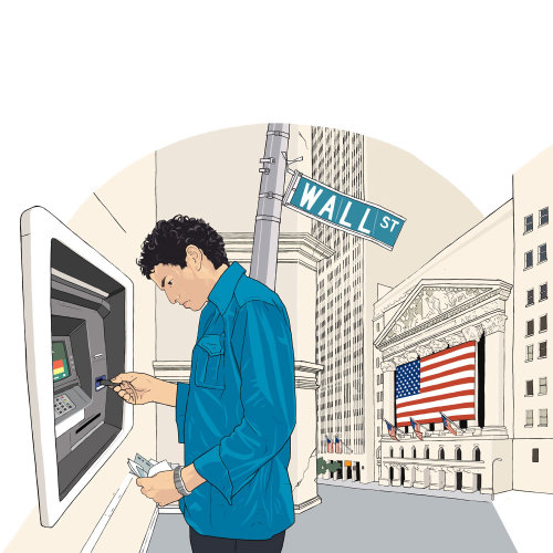 Homme au guichet automatique sur une illustration de la rue par Jonathan Allardyce