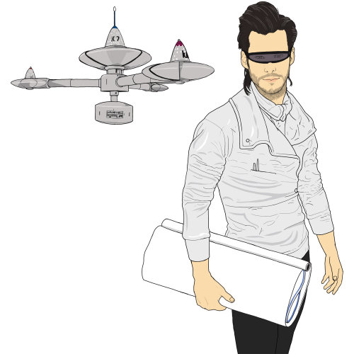 hombre con gafas negras, persona con papeles en mano, dispositivo de ingeniería colgando