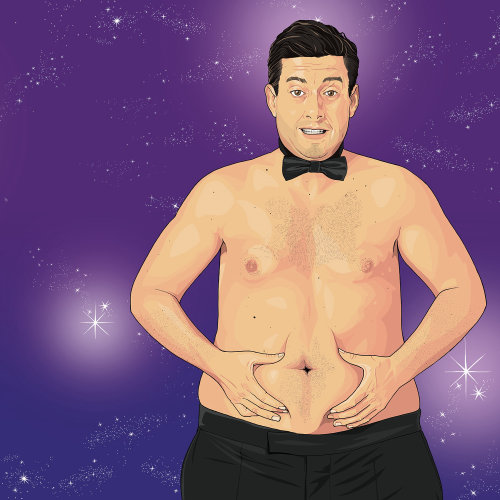 fatty man showing his stomach, person with out shirt, bow tie