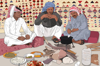 阿拉伯厨房，人们烹饪食物，男人吃生食
