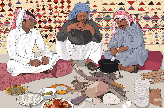 Cuisine arabe, gens cuisinant des aliments, homme avec des aliments crus