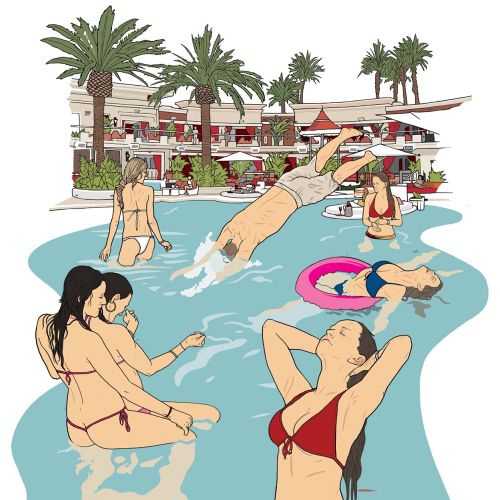 Swimming pool in resort with beautiful girls and men - illustration by Jonathan Allardyce