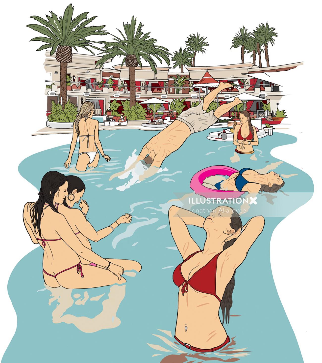 Swimming pool in resort with beautiful girls and men - illustration by Jonathan Allardyce