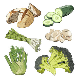 Illustration de légumes et de pain par Jonathan Allardyce