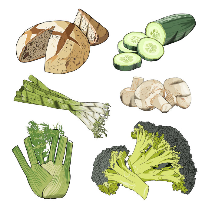 Legumes e pão ilustração por Jonathan Allardyce
