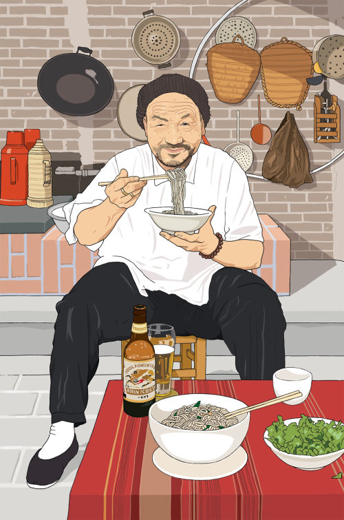 Illustration of Chinese man eating noodles