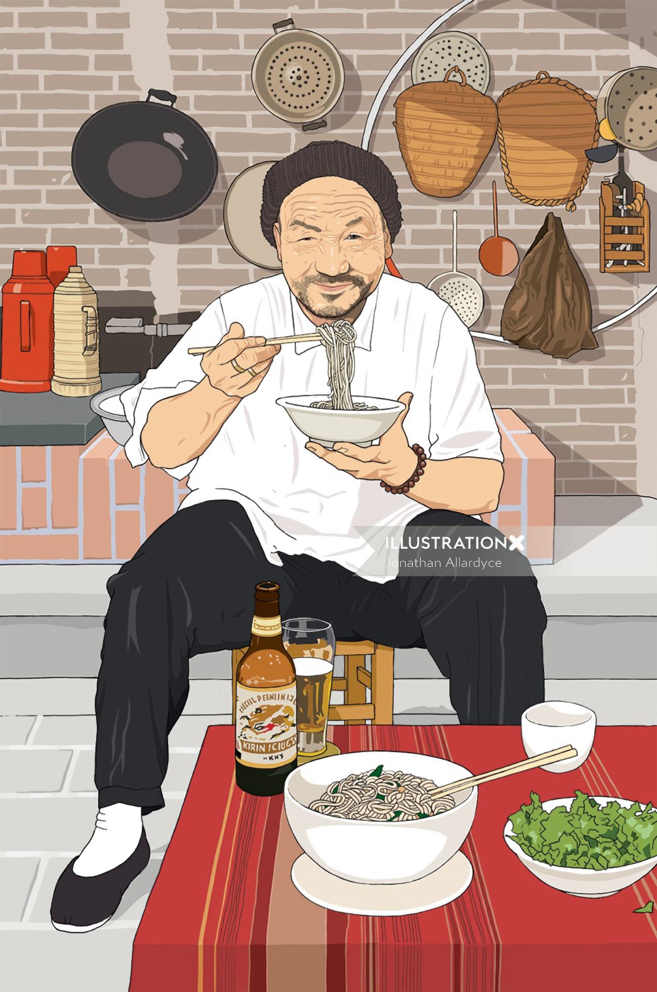 Illustration of Chinese man eating noodles