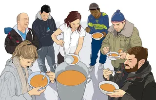 Illustration of mobile soup kitchen for Inside Housing magazine.