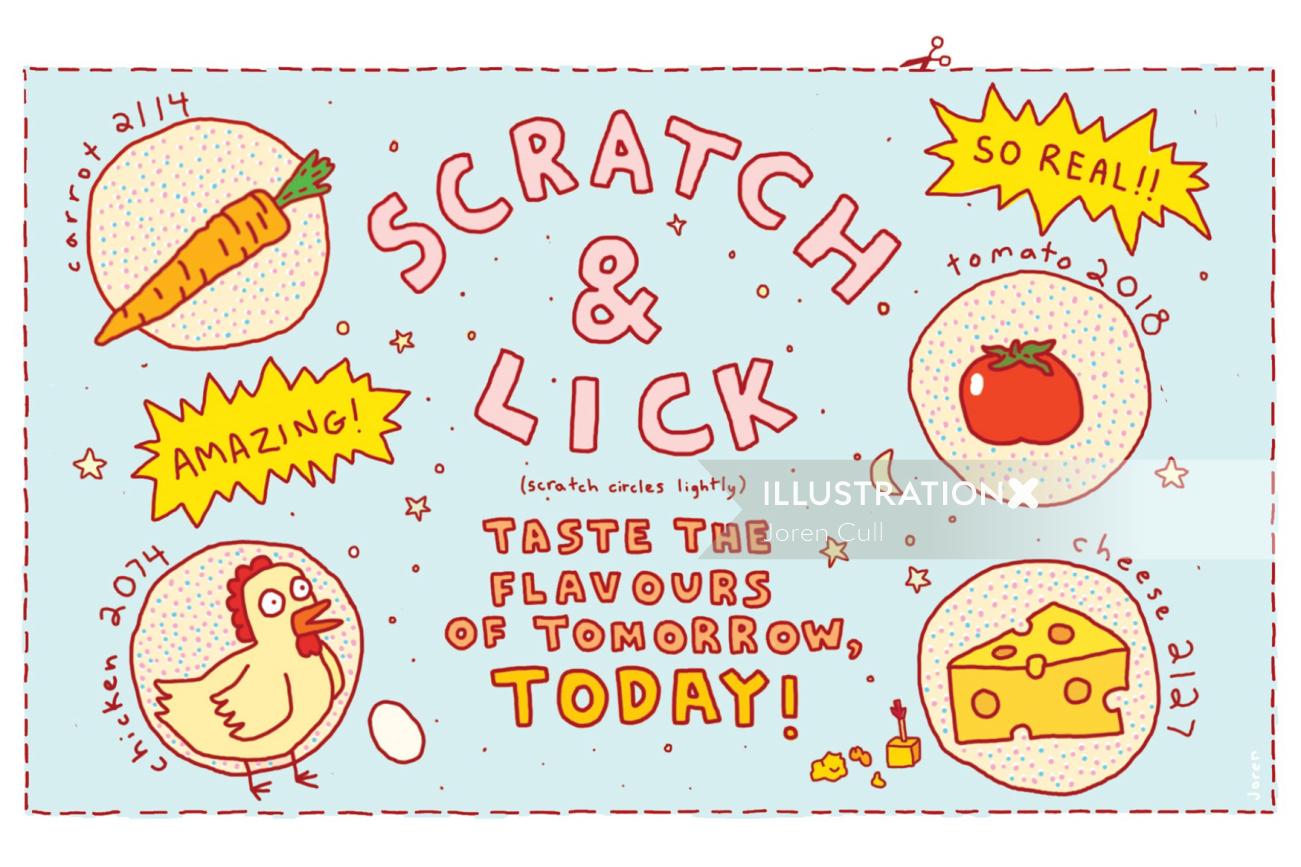 Advertising illustration of scratch & lick