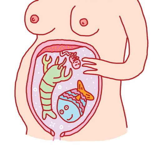 Comic illustration f fish inside stomach 