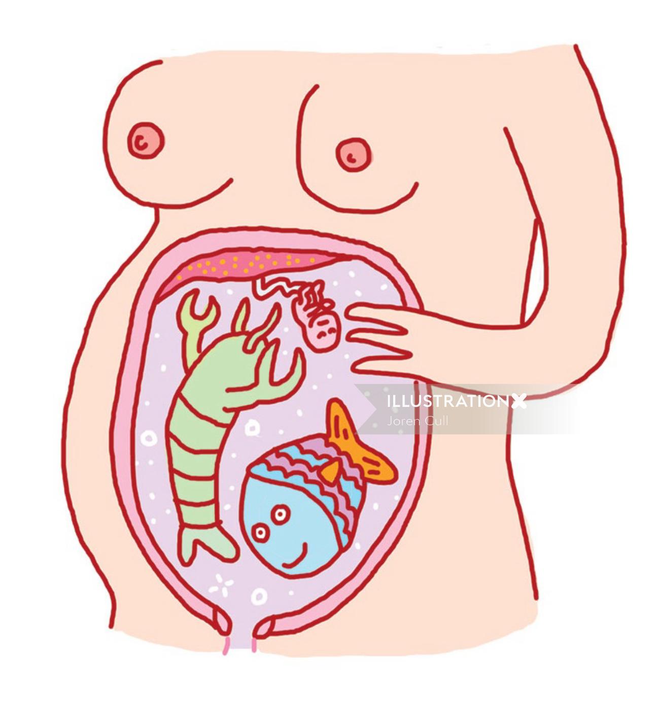 Comic illustration fishes inside stomach 