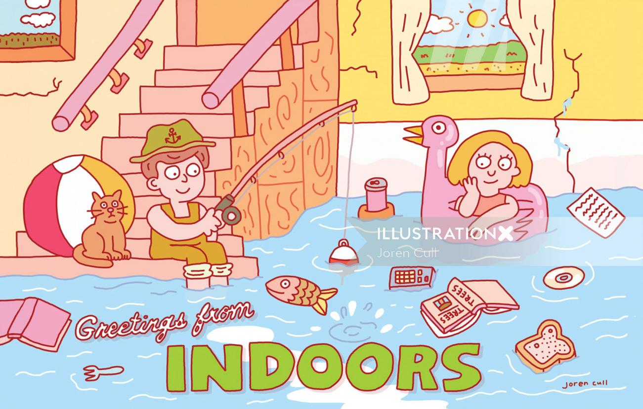 Comic poster design of greetings from indoor 