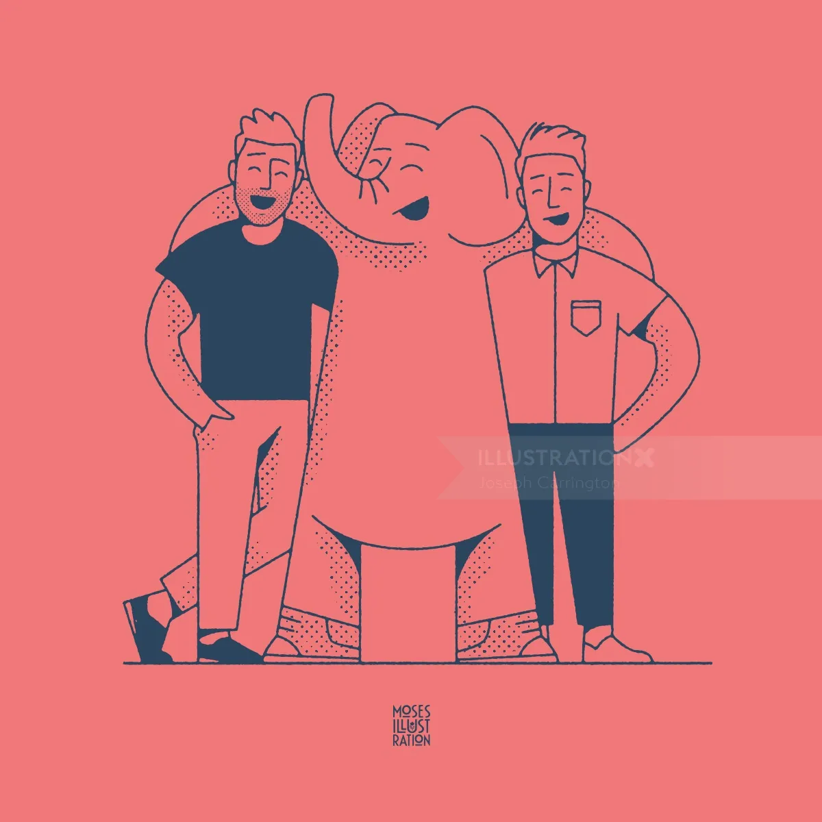 Line art of people with elephant
