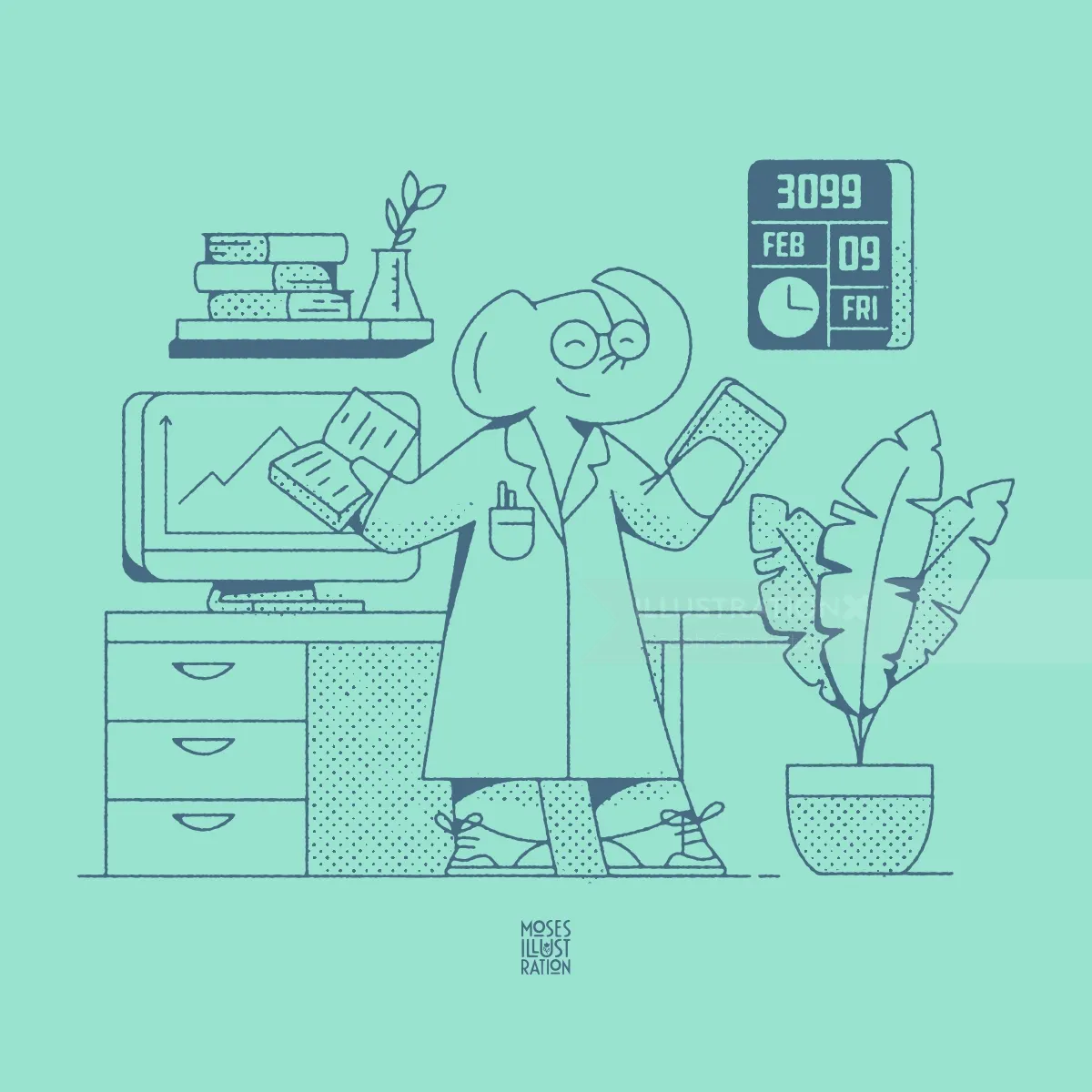 Strichzeichnung eines Elefantenforschers

