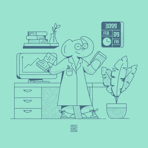 Line illustration of elephant scientist
