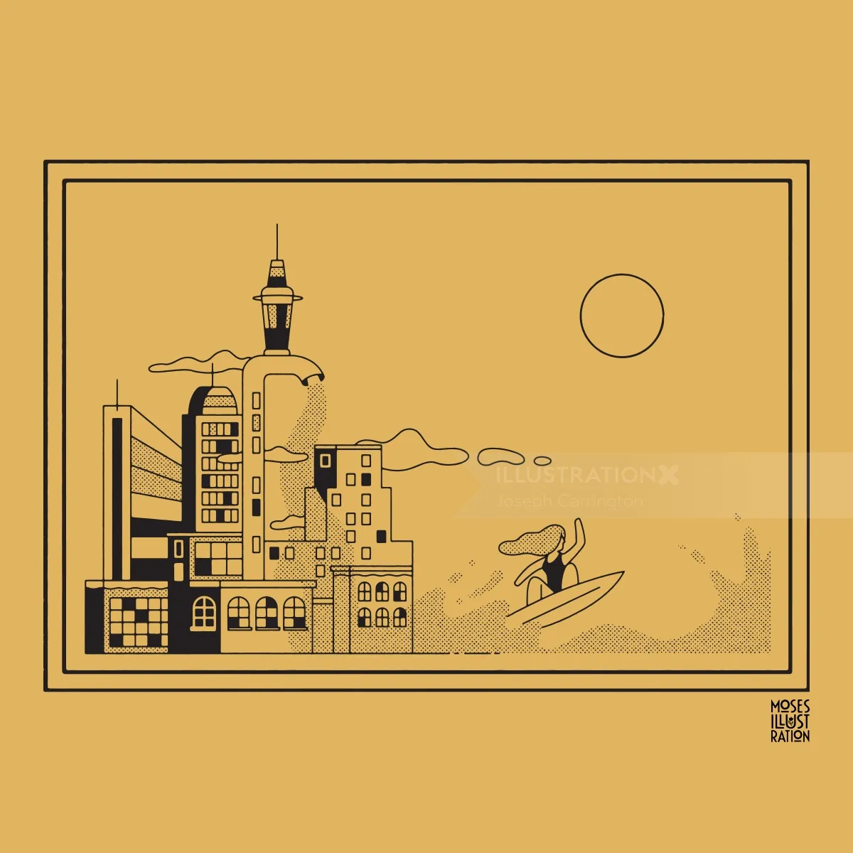 Line art of building near ocean
