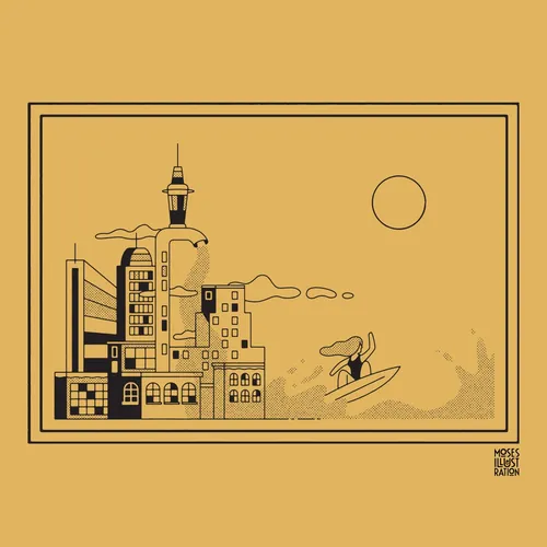 Line art of building near ocean
