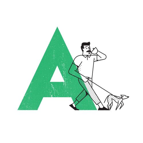 line art of man walking with dog

