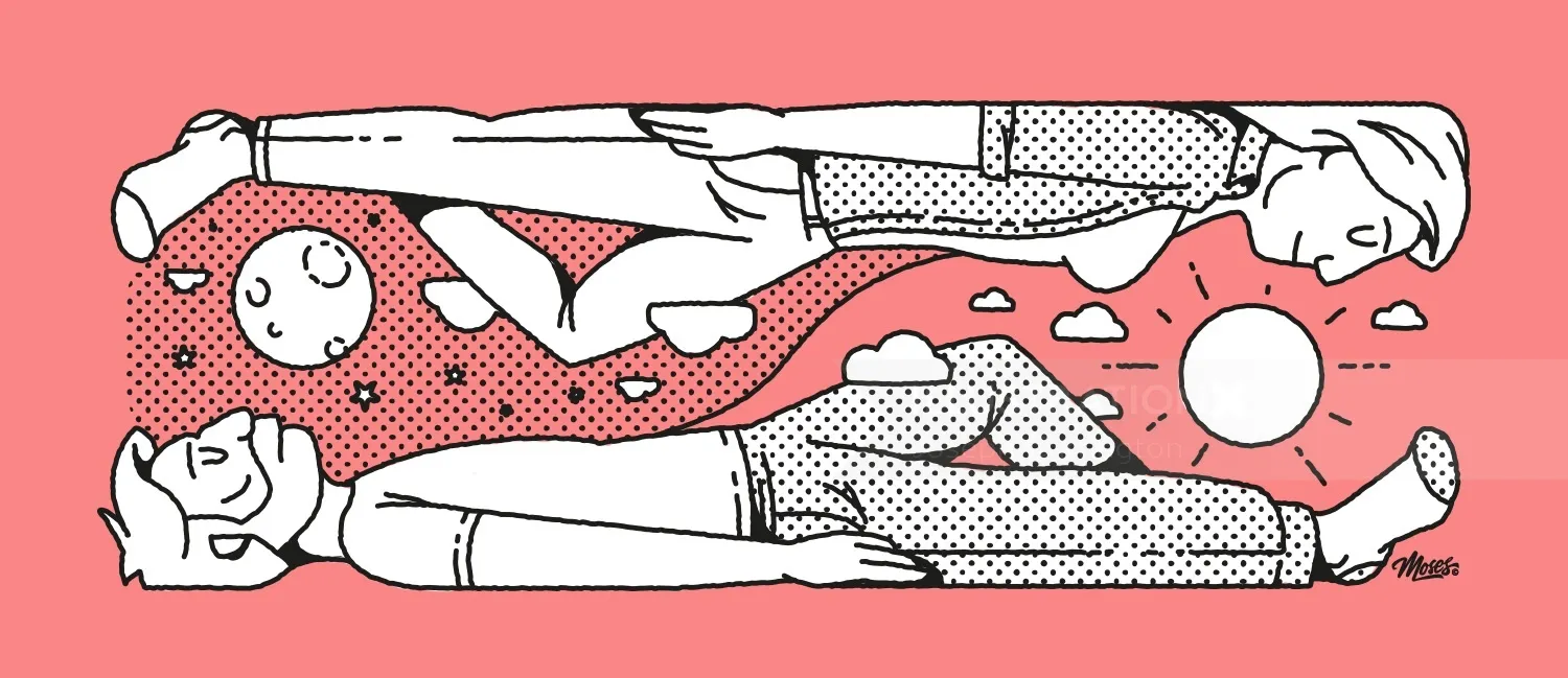 Line drawing of people upside down
