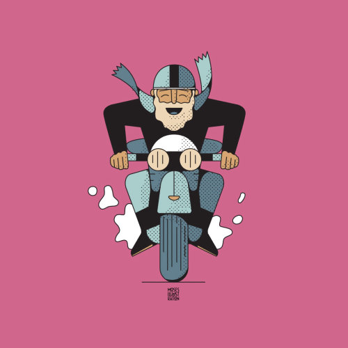 Flat color old man on motorcycle
